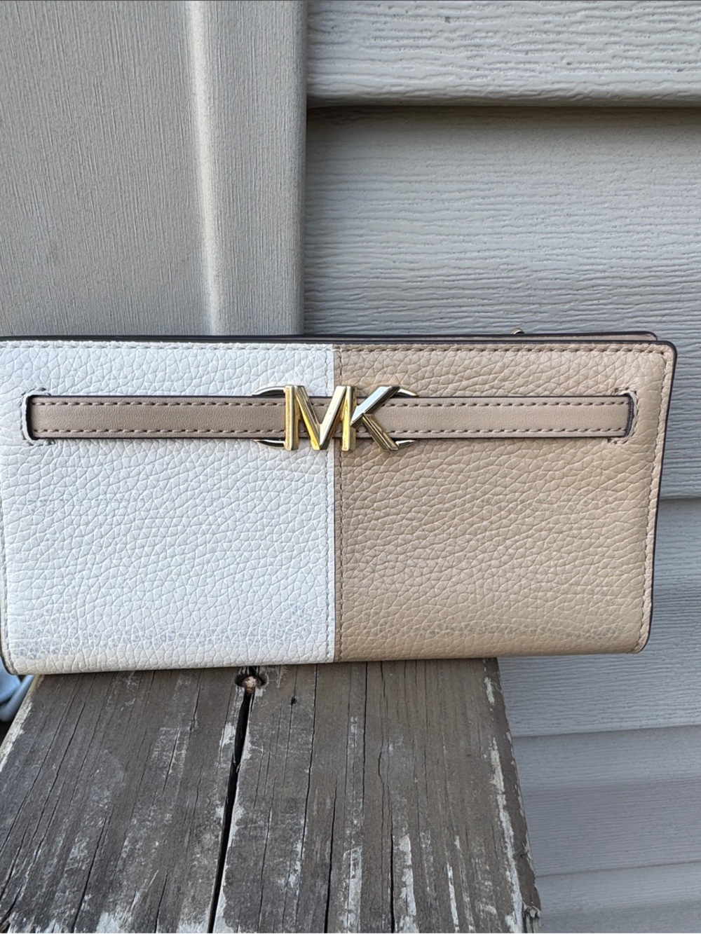Michael Kors White and Beige Pebbled Leather MK Continental Wallet
